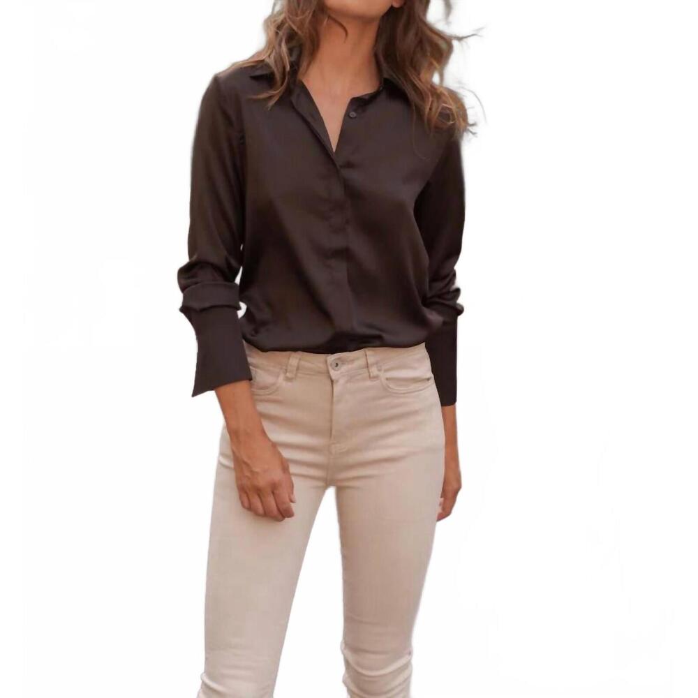 NEW CHOKLATE PARIS pajama collar satin button down shirt in chocolate
